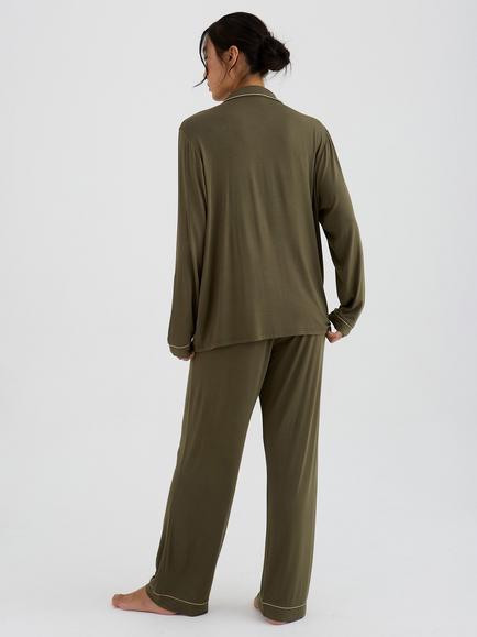 Pretty You London Bamboo New Classic Long Pyjama Set, Olive - view 2, Olive