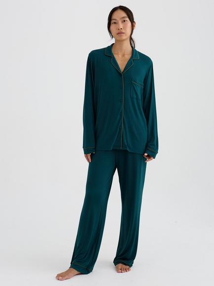 Pretty You London Bamboo New Classic Long Pyjama Set, Sea, Sea
