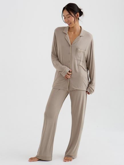 Pretty You London Bamboo New Classic Long Pyjama Set, Twig, Twig