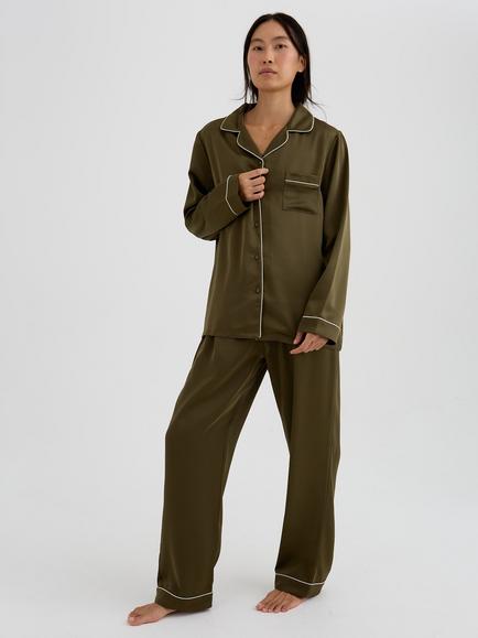 Pretty You London Satin Long Pyjama Set, Olive