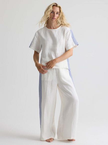 Pretty You London Relaxed Striped Pure Linen Resort Set, Coconut Milk/Blue, Coconut Milk/Blue