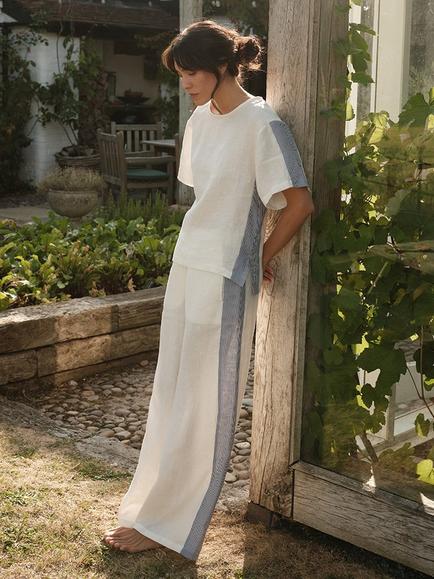 Pretty You London Relaxed Striped Pure Linen Resort Set, Coconut Milk/Blue - view 2, Coconut Milk/Blue