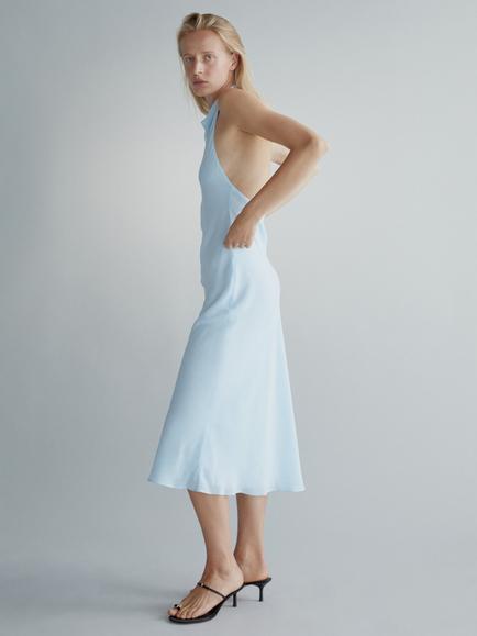Mango Draped Halter Bias Slip Dress, Sky Blue, Sky Blue