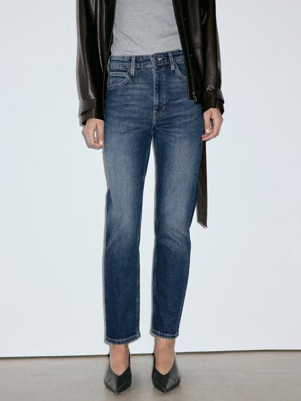 Mango High Rise Cropped Mom Jeans, Dark Blue, Dark Blue