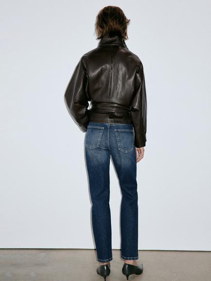 Mango High Rise Cropped Mom Jeans, Dark Blue - view 2, Dark Blue