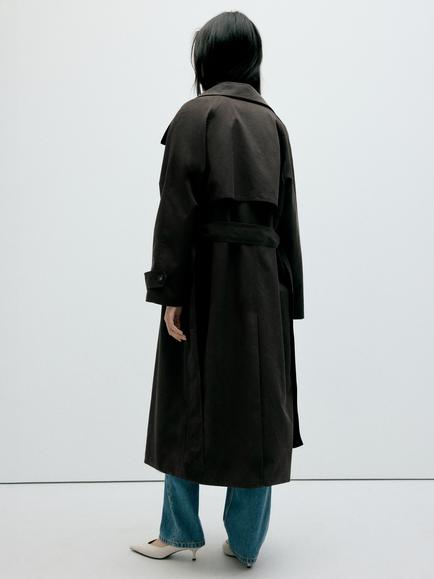 Mango Funnel Neck Trench Coat, Chocolate - view 2, Chocolate