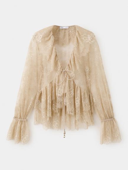 Mango Lace Tie Neck Ruffle Blouse, Sand, Sand