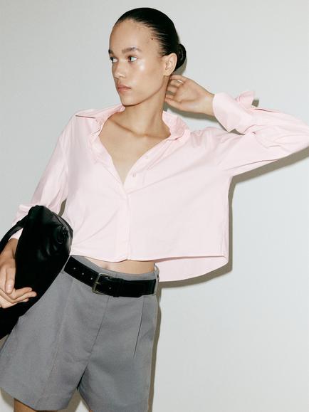 Mango Cropped Hidden Placket Collared Shirt, Pink, Pink