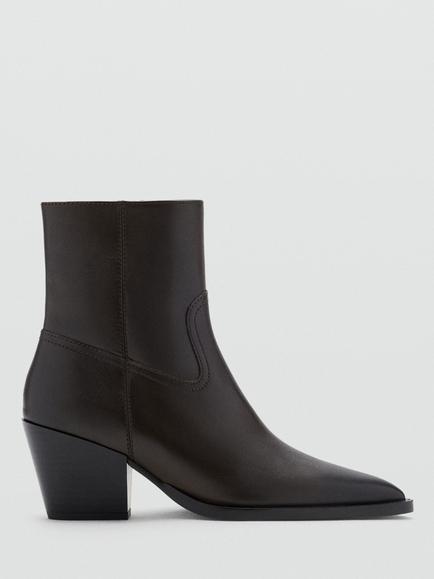 Mango Leather Point Toe Block Heel Ankle Boots, Chocolate, Chocolate
