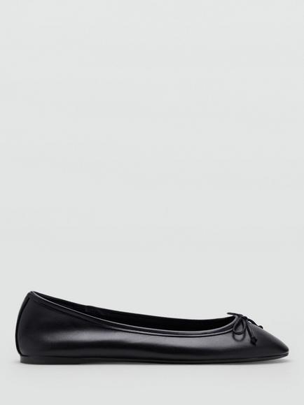 Mango Leather Bow Detail Ballerina Pumps, Black, Black