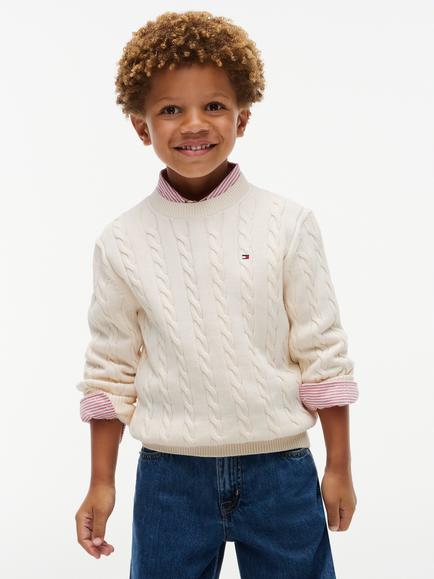 Tommy Hilfiger Kids' Cotton Cable Knit Crew Neck Jumper, Ivory Petal, Ivory Petal