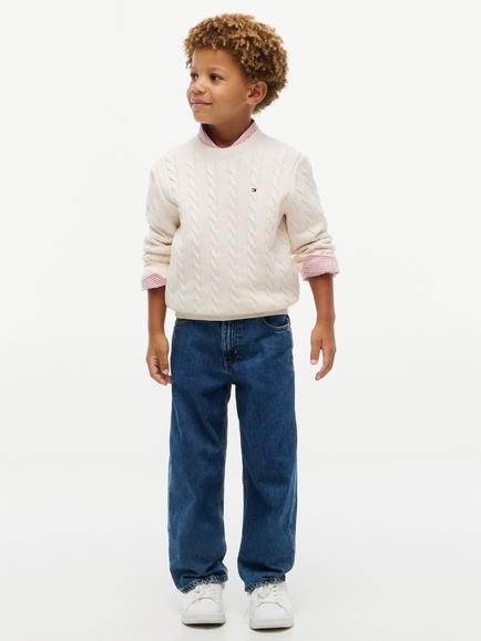 Tommy Hilfiger Kids' Cotton Cable Knit Crew Neck Jumper, Ivory Petal - view 2, Ivory Petal