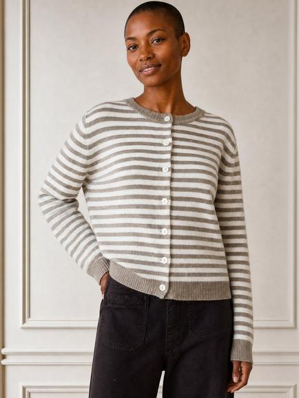 Aspiga Merino Wool Button Through Stripe Cardigan, Taupe/Cream
