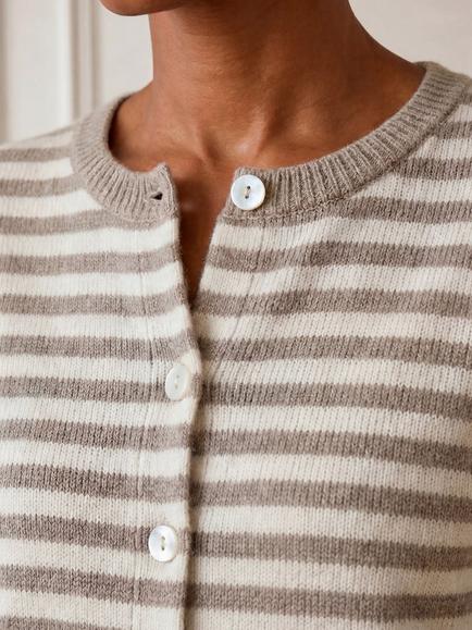 Aspiga Merino Wool Button Through Stripe Cardigan - view 2, Taupe/Cream