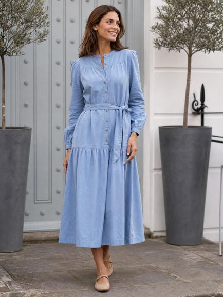 Aspiga Button Through Corduroy Midi Dress, Ice Blue