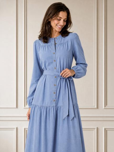 Aspiga Button Through Corduroy Midi Dress - view 2, Ice Blue