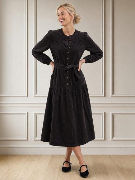Aspiga Button Through Corduroy Midi Dress, Chocolate