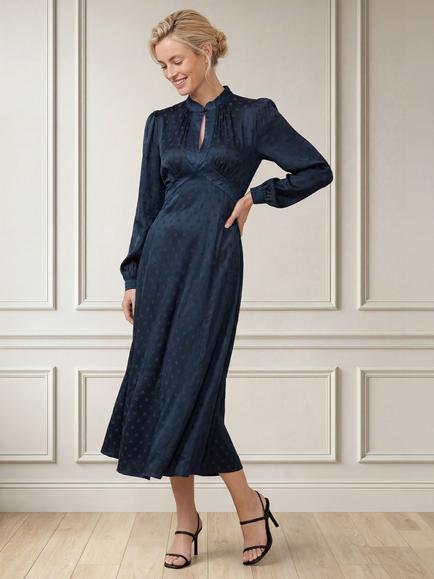 Aspiga Satin Jacquard Spot Print Maxi Dress, Navy, Navy