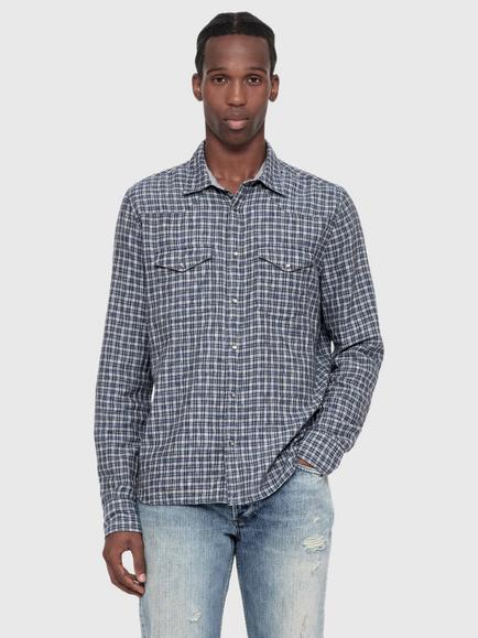 AllSaints Court Cotton Checked Long Sleeve Shirt, Blue Indigo