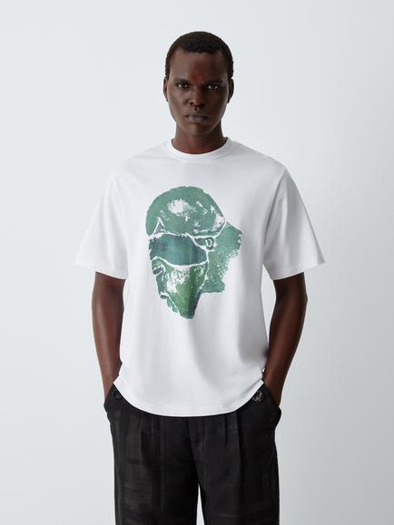 LABRUM Mende Mask Print Crew Neck Cotton Shirt, White/Green, White/Green