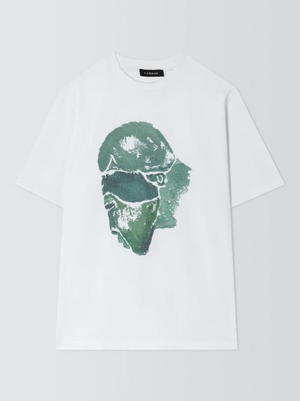 LABRUM Mende Mask Print Crew Neck Cotton Shirt, White/Green, White/Green
