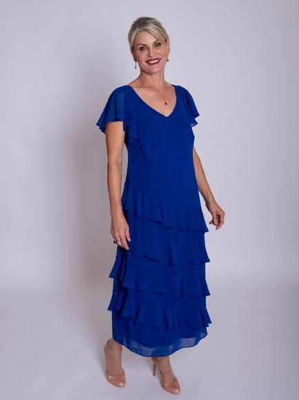 chesca Chiffon Multi Frill Dress, Cobalt, Cobalt
