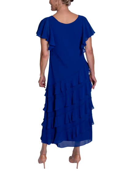 chesca Chiffon Multi Frill Dress, Cobalt - view 2, Cobalt