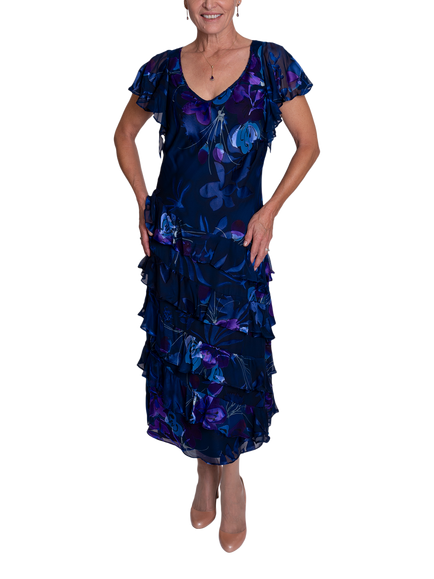 chesca Limited Hand Painted Satin Devoree Frill Midi Dress, Midnight/Plum, Midnight/Plum