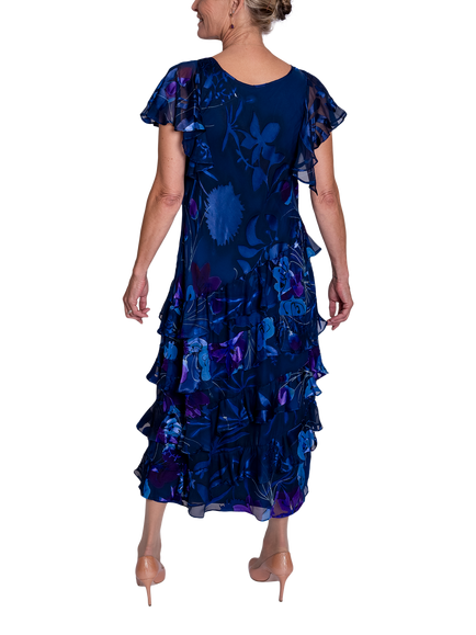 chesca Limited Hand Painted Satin Devoree Frill Midi Dress, Midnight/Plum - view 2, Midnight/Plum