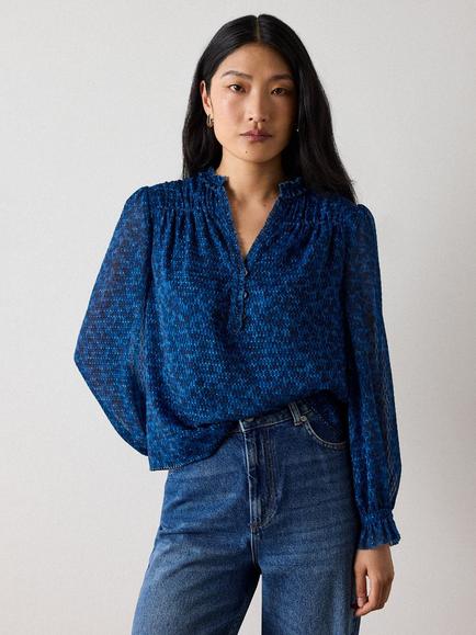 Whistles Floral Textured V-Neck Blouse, Blue, Blue