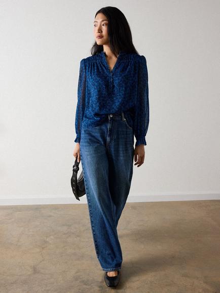Whistles Floral Textured V-Neck Blouse, Blue - view 2, Blue