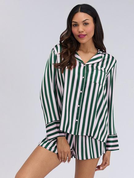 Boux Avenue Striped Satin Oversized Short Pyjama Set, Deep Green, Deep Green