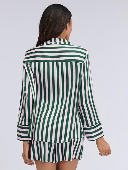 Boux Avenue Striped Satin Oversized Short Pyjama Set, Deep Green - view 2, Deep Green