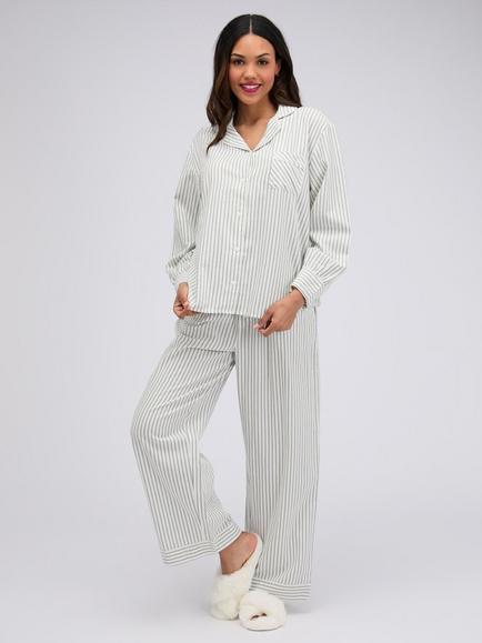 Boux Avenue Striped Cotton Long Pyjama Set, Khaki, Khaki