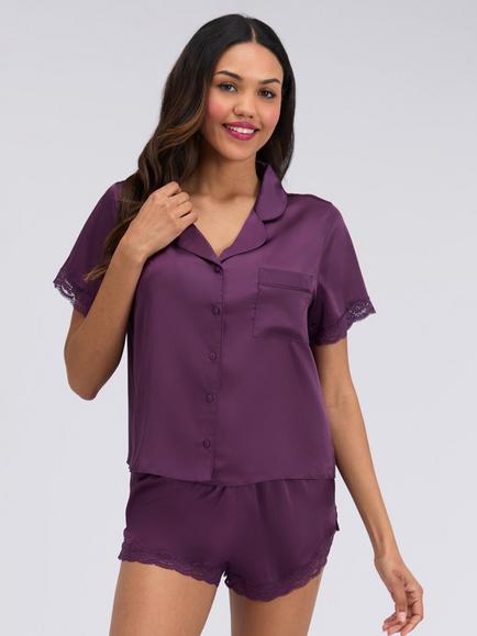 Boux Avenue Daisy Satin Short Pyjama Set, Plum, Plum
