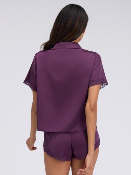 Boux Avenue Daisy Satin Short Pyjama Set, Plum - view 2, Plum