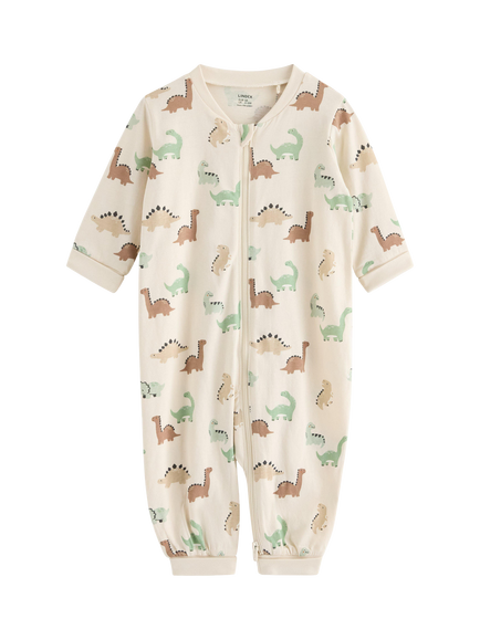 Lindex Baby Dino Print Zip Front Pyjama Onesie, Light Beige, Light Beige