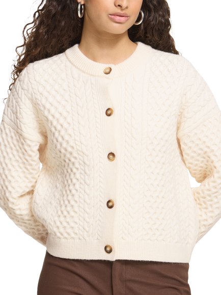 ICHI Ihdamina Cable Knit Relaxed Cardigan, Birch, Birch
