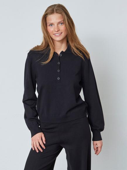 Sisters Point Lepia Long Sleeve Knitted Polo Shirt, Black, Black