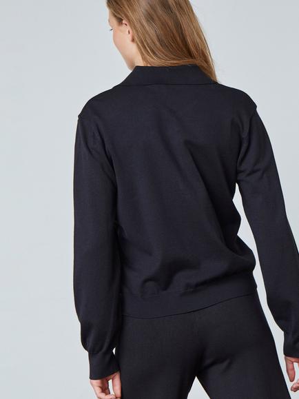 Sisters Point Lepia Long Sleeve Knitted Polo Shirt, Black - view 2, Black