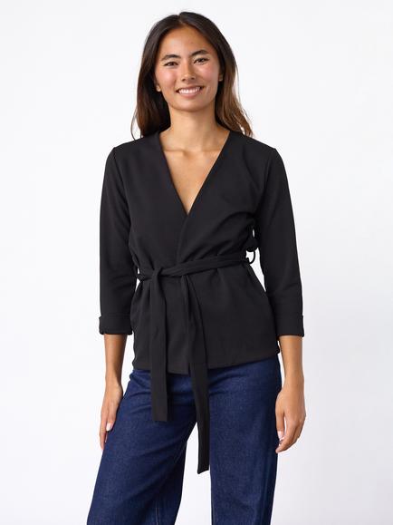 Sisters Point Glut Wrap V-Neck Tie Waist Blouse, Black, Black