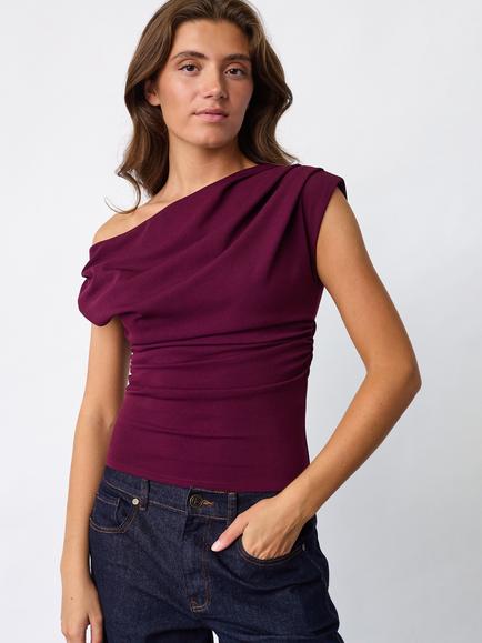 Sisters Point Glut Asymmetric Drape One Shoulder Top, Berry, Berry