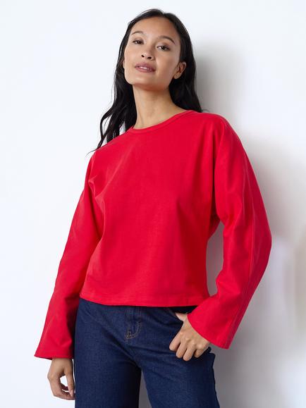 Sisters Point Villy Long Sleeve Cropped Boxy Fit Top, Red Rose, Red Rose