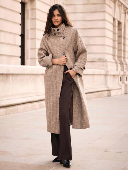 Mint Velvet Heritage Wool Blend Check Coat, Natural, Natural