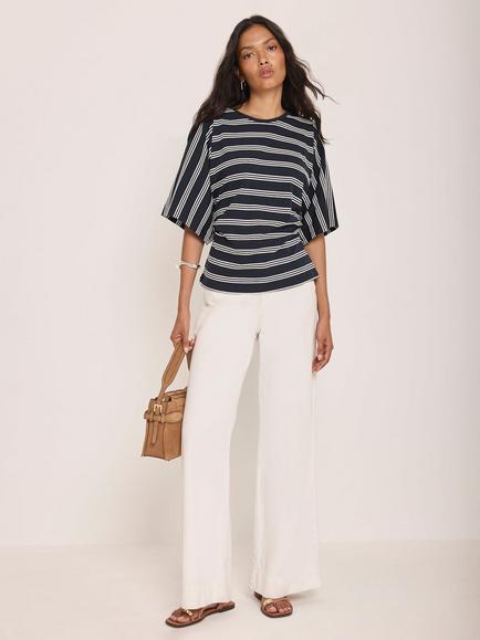 Mint Velvet Striped Ruched Waist T-Shirt, Blue Navy, Blue Navy