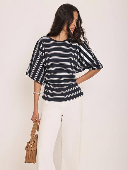 Mint Velvet Striped Ruched Waist T-Shirt, Blue Navy - view 2, Blue Navy