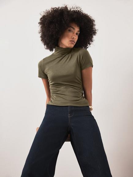 Mint Velvet High Neck Ruched Jersey Top, Green, Green