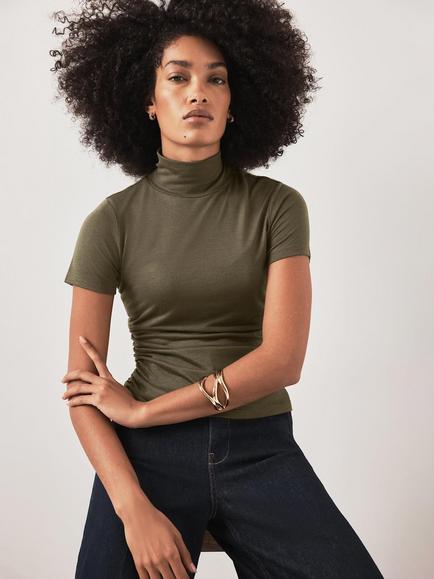 Mint Velvet High Neck Ruched Jersey Top, Green - view 2, Green