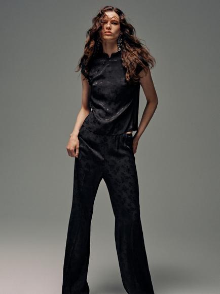 Mango Floral Mid-Rise Straight Longline Trousers, Antracite, Anthracite