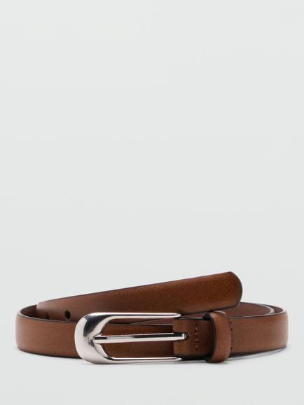 Mango Slim Leather Buckle Belt, Chocolate, Chocolate